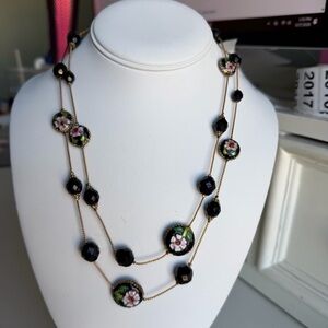 Vintage Cloisonne Floral Station Necklace Black Beads Gold Tone 40” Long